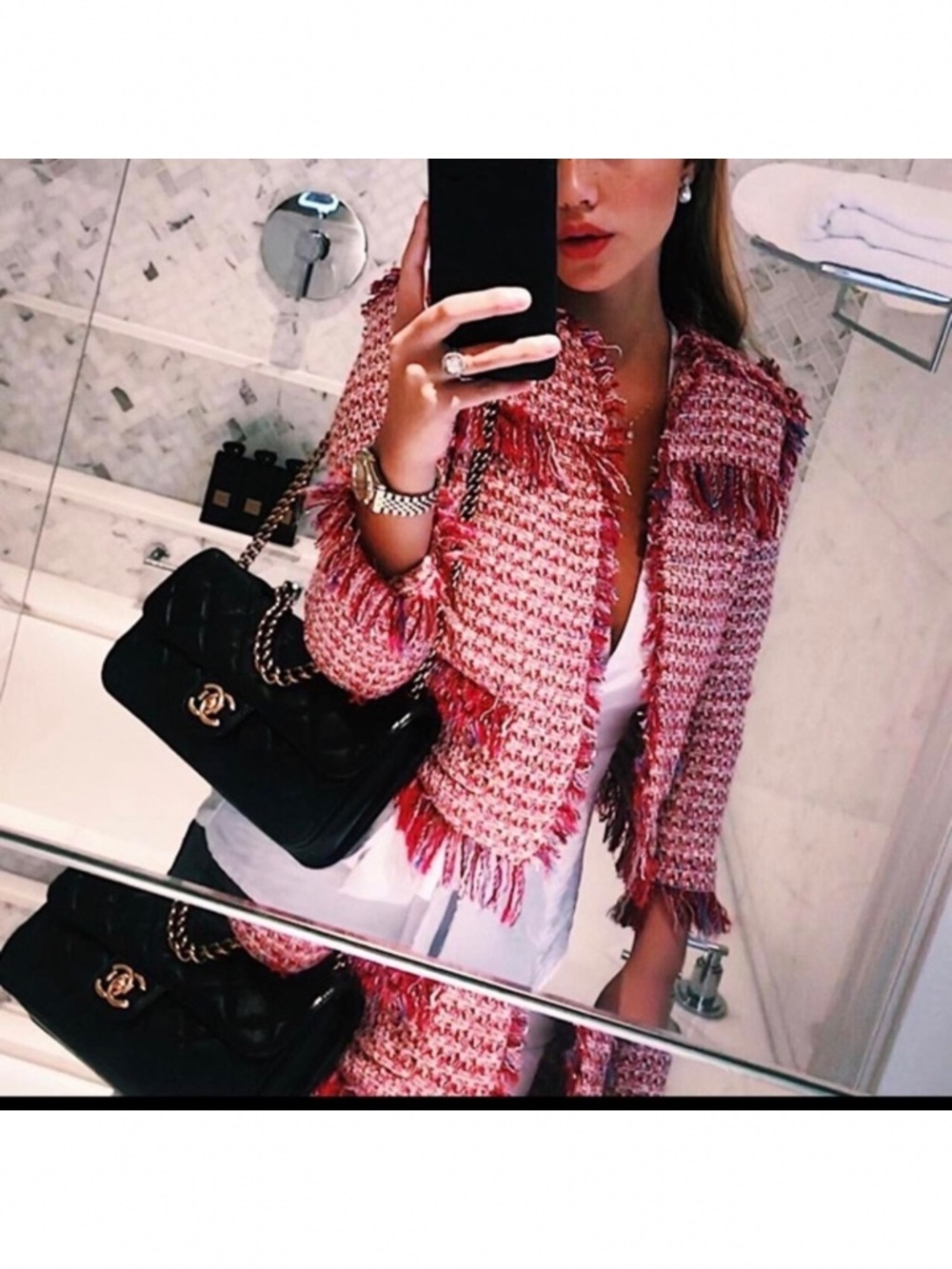ZARA RED TWEED BLAZER JACKET FRAYED TRIMS FRINGE